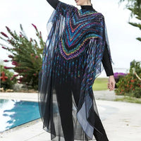 Floral burkini swimsuit for women by Mandotos International, modest swimwear designed for middle-aged women, with colorful floral pattern.
