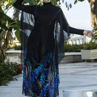 Floral burkini swimsuit for women by MANDOTOS INTERNATIONAL, modest swimwear for middle-aged women, with floral pattern and full coverage.