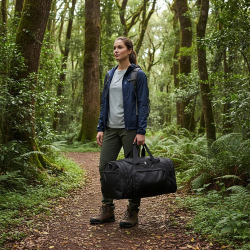 Large foldable unisex duffel bag by Mandotos International with shoe compartment and spacious interior for travel or gym use.