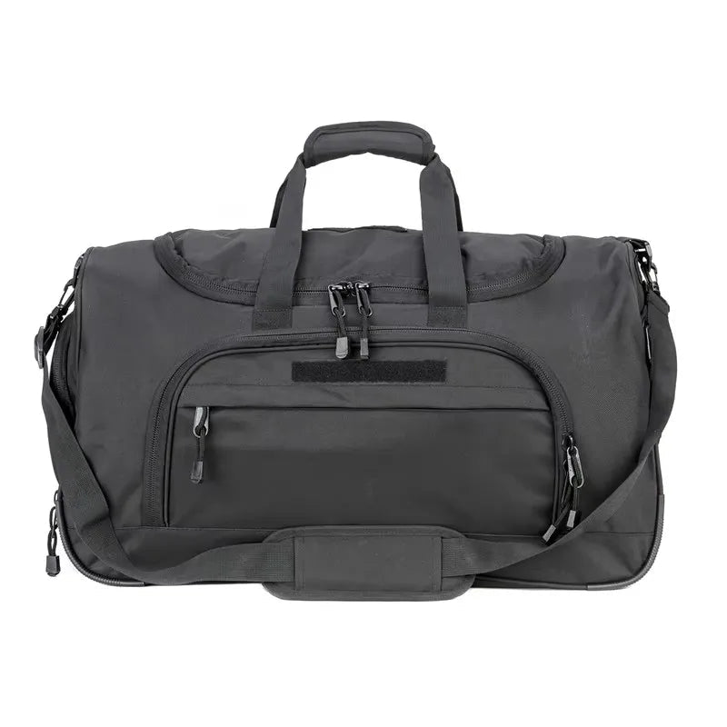 Large capacity foldable unisex duffel bag from MANDOTOS INTERNATIONAL with shoe compartment and sturdy handles.