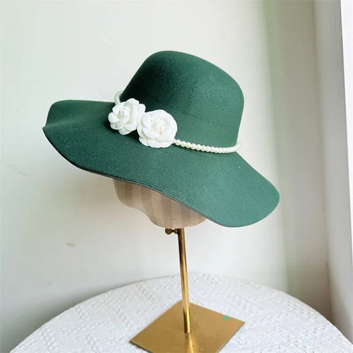 French style women's fedora hat with wide brim, felt material, suitable for winter and autumn, by MANDOTOS INTERNATIONAL.