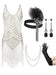 White Gatsby Glam 1920s women's flapper dress and accessories set by MANDOTOS INTERNATIONAL, featuring vintage-inspired style.