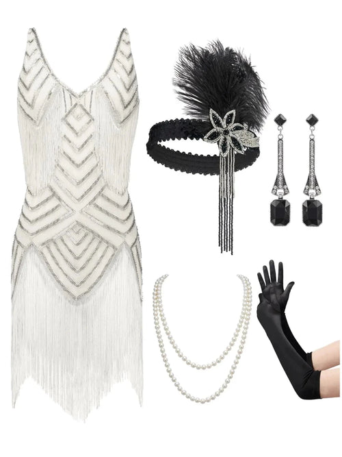 White Gatsby Glam 1920s women's flapper dress and accessories set by MANDOTOS INTERNATIONAL, featuring vintage-inspired style.