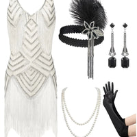 White Gatsby Glam 1920s women's flapper dress and accessories set by Mandotos International, small size, with fringe and beaded details.