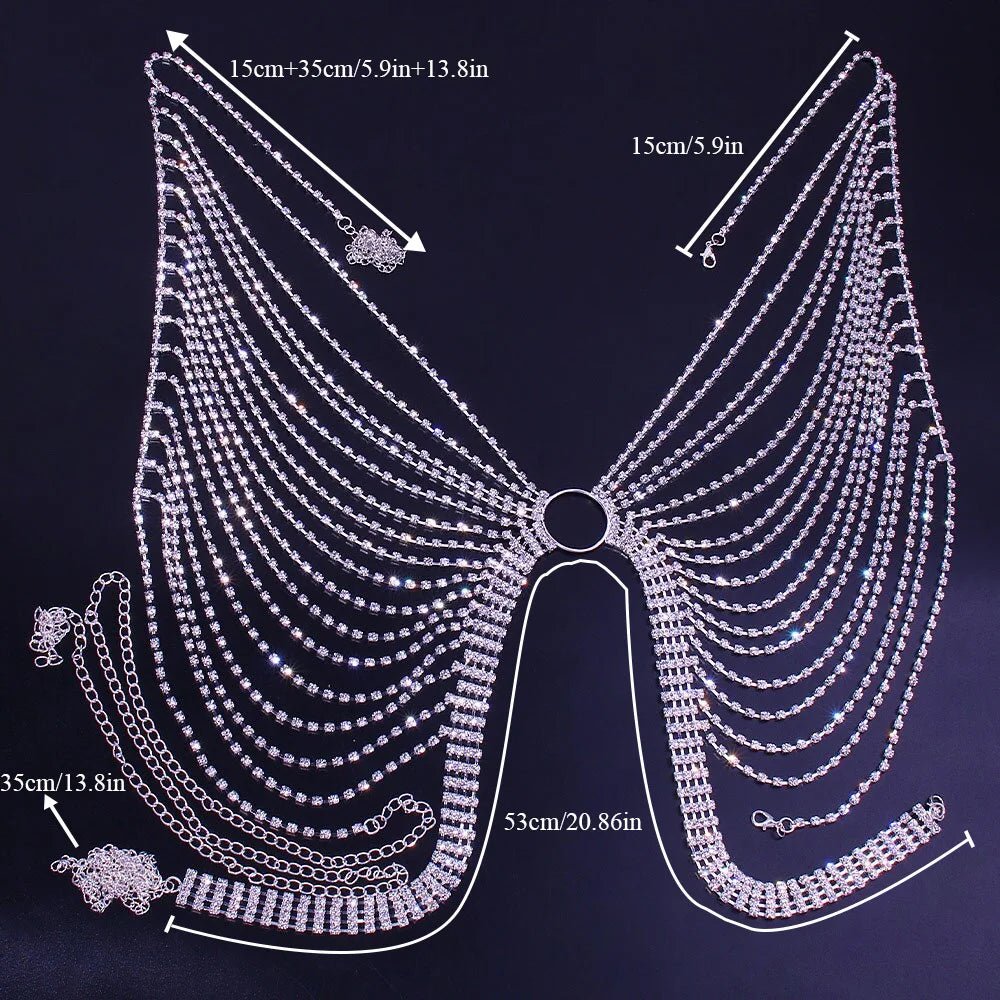 Geometric bikini chest chain with crystal and rhinestone accents, designed by MANDOTOS INTERNATIONAL, featuring sparkling embellishments.