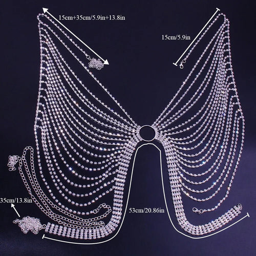 Geometric bikini chest chain with crystal and rhinestone accents, designed by MANDOTOS INTERNATIONAL, featuring sparkling embellishments.