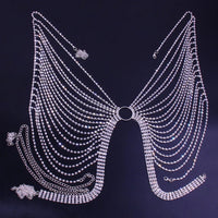 Mandotos International geometric bikini chest chain with crystal and rhinestone accents, featuring intricate metalwork and sparkling details.