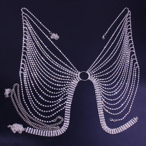 Mandotos International geometric bikini chest chain with crystal and rhinestone accents, featuring intricate metalwork and sparkling details.
