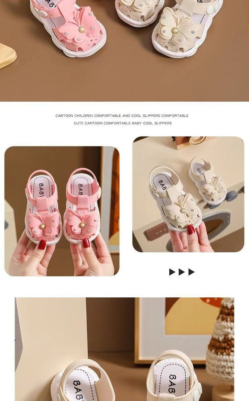 Girls' summer sandals by MANDOTOS INTERNATIONAL, soft sole, non-slip infant beach shoes with princess design for little girls.