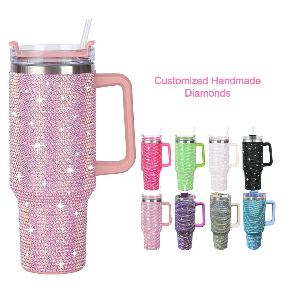 Glitter-coated stainless steel tumbler with diamond design, 40oz capacity, by MANDOTOS INTERNATIONAL, featuring a sleek and stylish look.