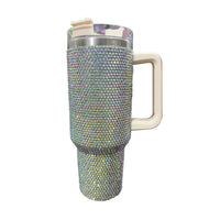 40oz glitter-coated stainless steel tumbler with diamond design, by MANDOTOS INTERNATIONAL, featuring a shiny, textured surface.