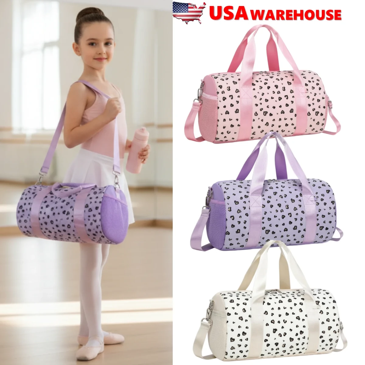Mandotos International glitter hearts ballet bag for girls, US stock duffel travel and gym bag with colorful heart design.