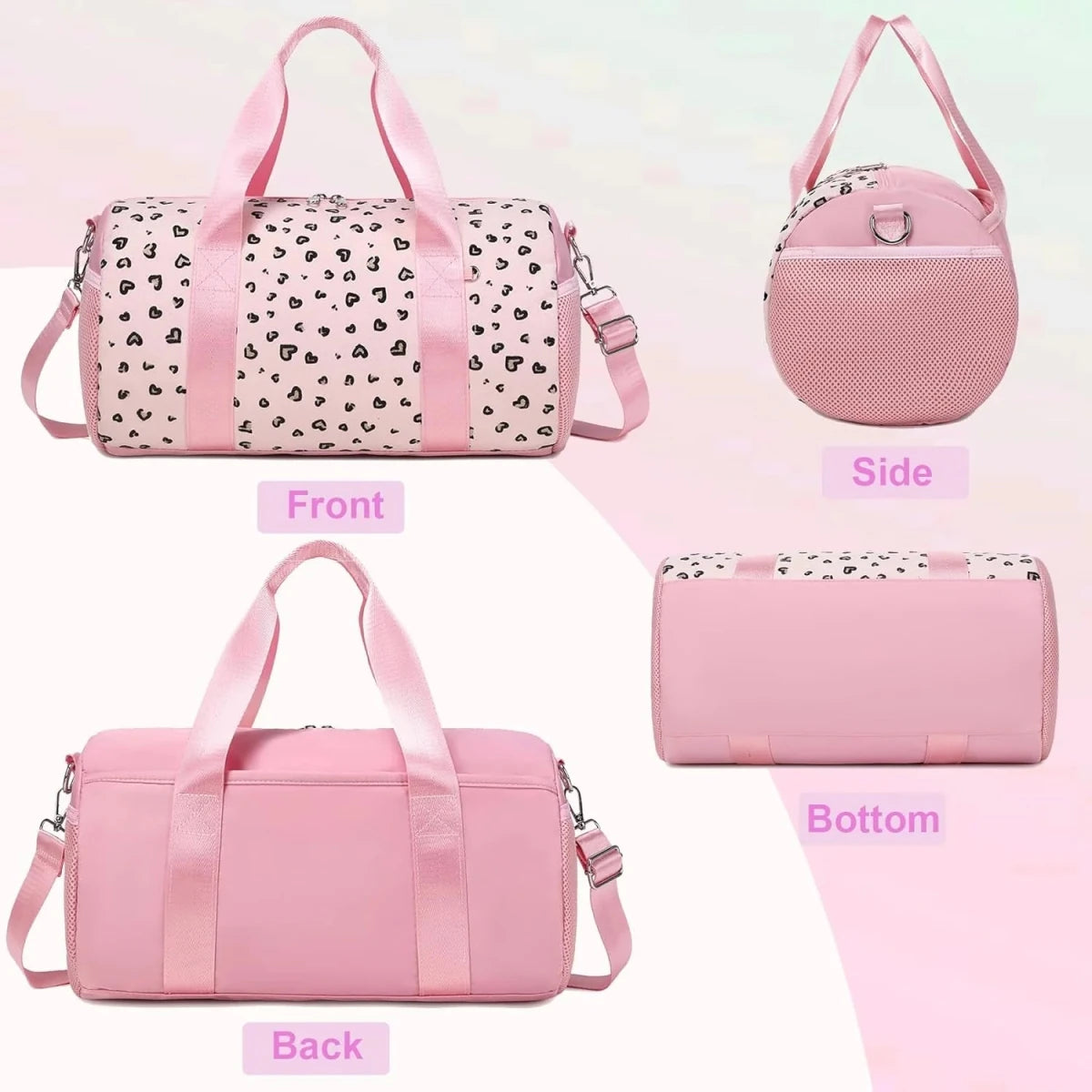 Mandotos International glitter hearts ballet bag for girls, a stylish duffel travel and gym bag with colorful heart designs.