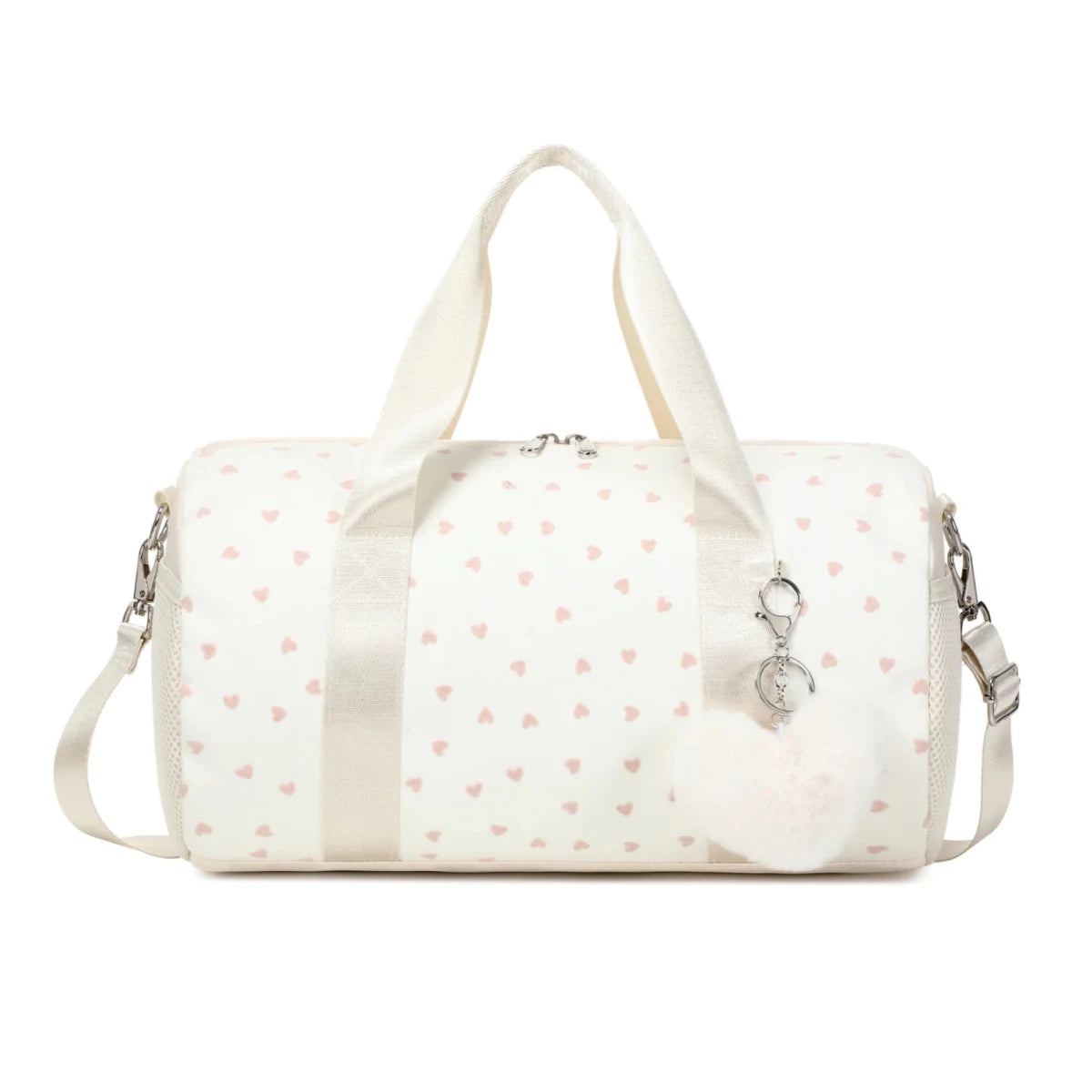 Mandotos International glitter hearts ballet bag for girls, US stock duffel travel weekender gym bag with colorful heart design.
