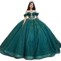 Dark green Glitz Sparkle Quinceanera gown by MANDOTOS INTERNATIONAL with shimmering embellishments and elegant flowing fabric.