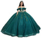 Dark green Glitz Sparkle Quinceanera gown by MANDOTOS INTERNATIONAL with shimmering embellishments and elegant flowing fabric.