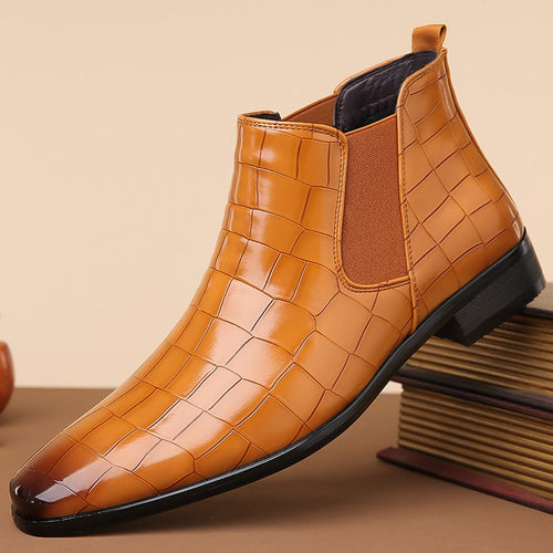 Glossy black men's high-top Chelsea boots in size 48 by MANDOTOS INTERNATIONAL, with a shiny finish and elastic side panels.