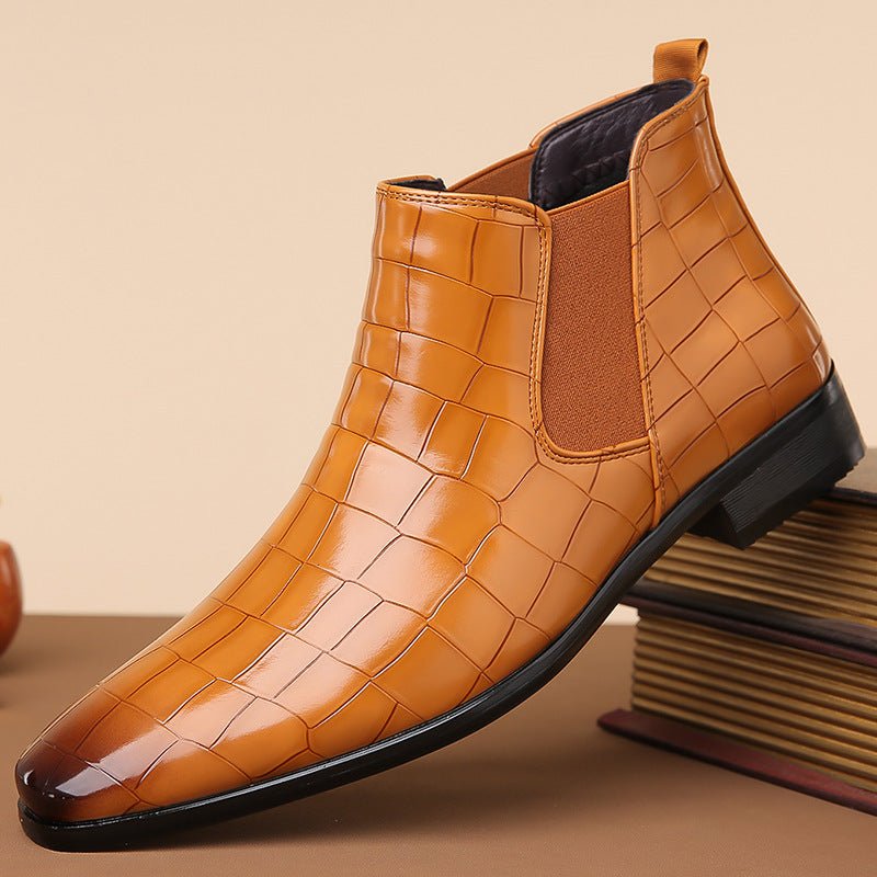 Glossy high-top men's Chelsea boots in size 48 by MANDOTOS INTERNATIONAL, featuring sleek black leather design and elastic side panels.