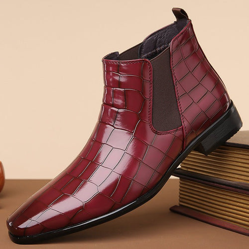 Glossy black high-top men's Chelsea boots in size 48 by MANDOTOS INTERNATIONAL, featuring sleek leather design and elastic side panels.