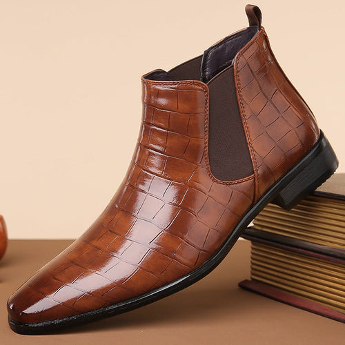 Glossy high-top men's Chelsea boots in size 48 by MANDOTOS INTERNATIONAL, featuring sleek black leather with elastic side panels.