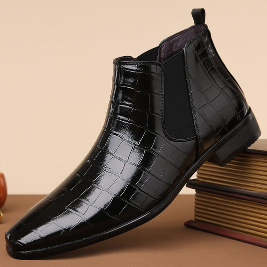 Glossy black high-top men's Chelsea boots by MANDOTOS INTERNATIONAL in size 48, featuring sleek leather with elastic side panels.