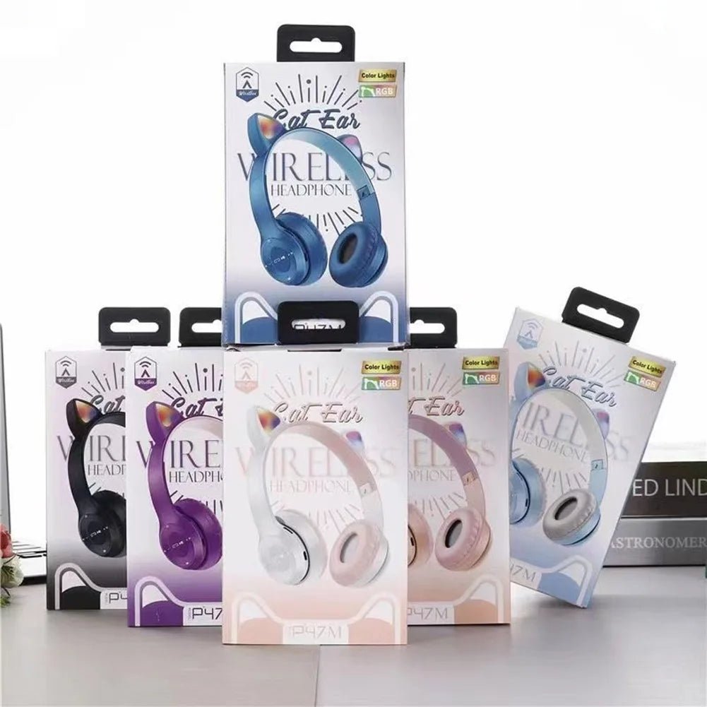 Glow Light Cat Ear Bluetooth Headphones by MANDOTOS INTERNATIONAL with illuminated cat ear design for kids and adults.