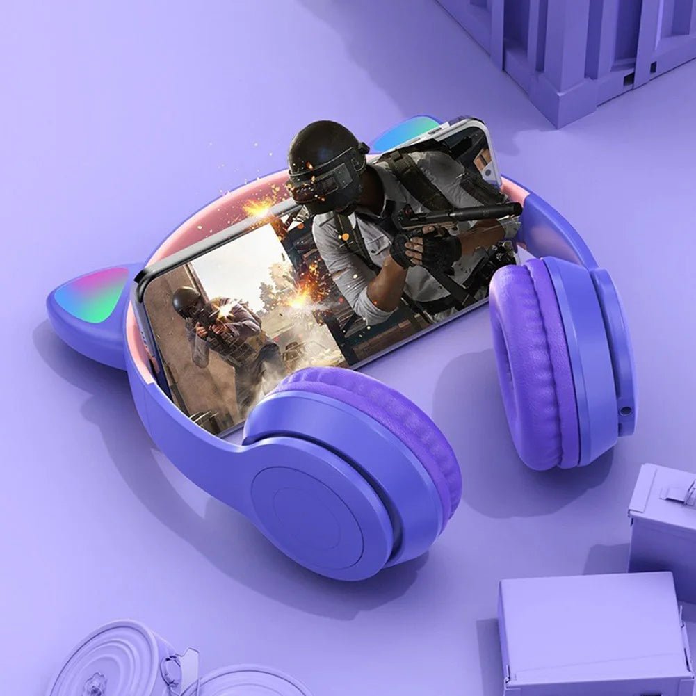 Glow Light Cat Ear Bluetooth Headphones by MANDOTOS INTERNATIONAL, featuring colorful illuminated cat ears for kids and adults.