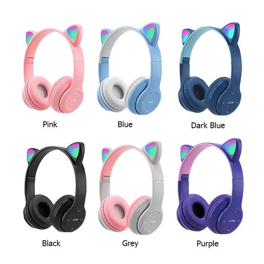 Glow light cat ear Bluetooth headphones by MANDOTOS INTERNATIONAL with colorful glowing cat ears, for kids and adults.