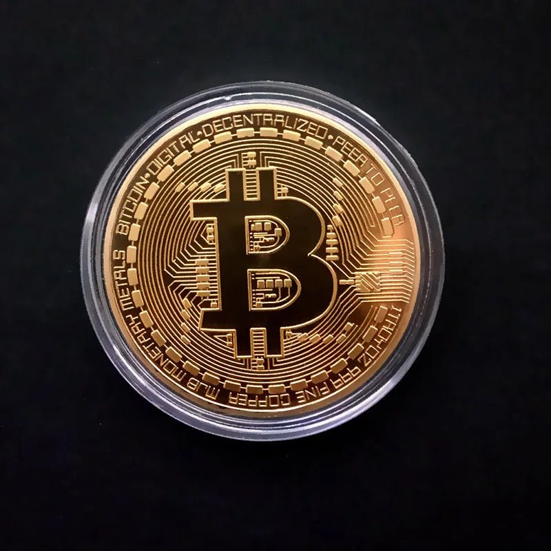 Gold plated Bitcoin coin collectible by Mandotos International, featuring detailed design and antique metal finish, ideal for art collection.