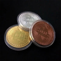 Gold plated Bitcoin coin from Mandotos International, a collectible art piece resembling a Casascius Bitcoin with antique metal finish.
