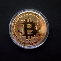 Gold plated Bitcoin coin from MANDOTOS INTERNATIONAL, collectible art piece with antique-style Casascius design, physical BTC replica
