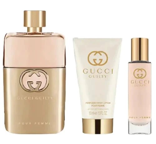 Gucci Guilty 3-piece gift set for women including 3 oz Eau de Parfum spray, body lotion, and travel spray in a hardbox packaging.