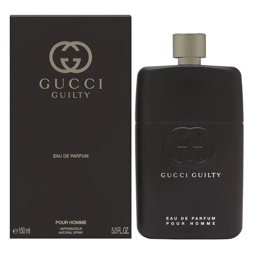 Gucci Guilty men's Eau de Parfum 150mL bottle, with sleek black and gold packaging, displayed on a neutral background.