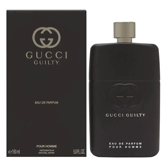 Gucci Guilty men's Eau de Parfum 150mL bottle, with sleek black and gold packaging, displayed on a neutral background.