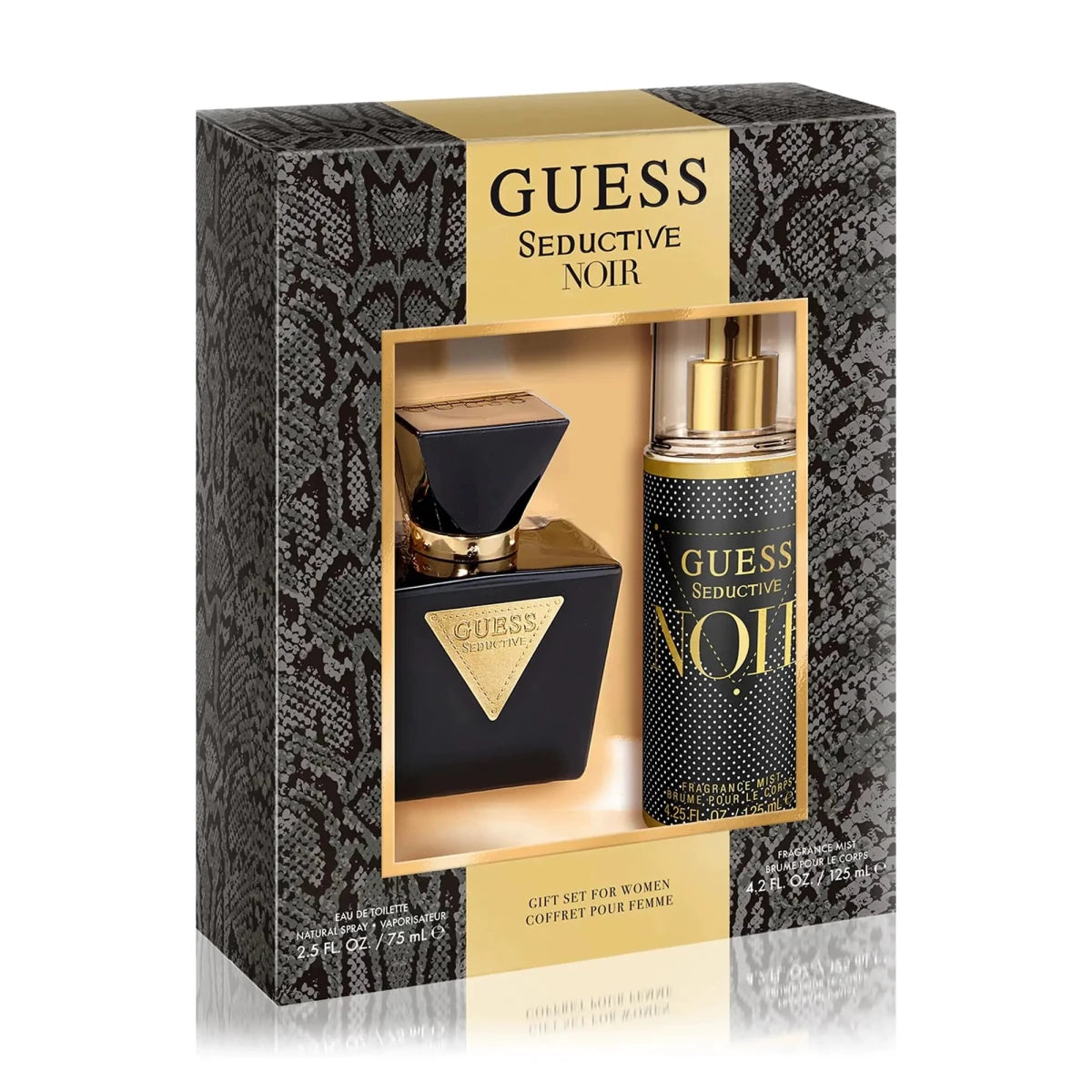 GUESS Seductive Noir women's fragrance set with 2.5 oz EDT and 4.2 oz body mist, featuring elegant bottles and packaging.