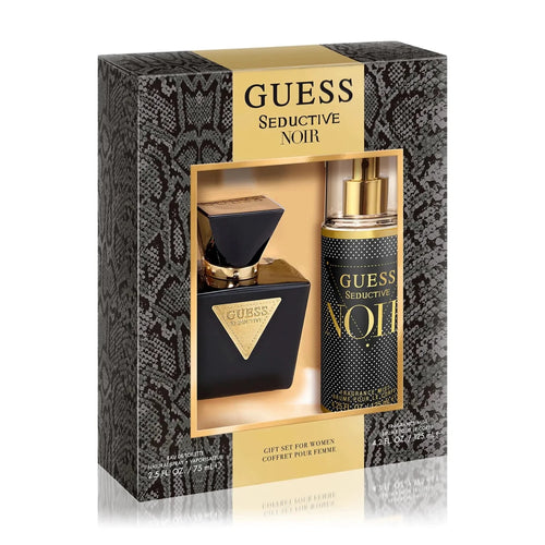 GUESS Seductive Noir women's fragrance set with 2.5 oz EDT and 4.2 oz body mist, featuring elegant bottles and packaging.