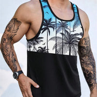 Mandotos International Hawaiian-style palm print men's tank top perfect for summer beach trips and casual wear.