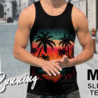Mandotos International Hawaiian style palm print men's tank top, perfect for summer beach trips, featuring vibrant tropical design.