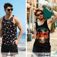 Mandotos International Hawaiian palm print men's tank top, perfect for summer beach trips, featuring vibrant tropical design.