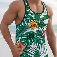 Mandotos International Hawaiian style palm print men's tank top, perfect for summer beach trips and casual wear.