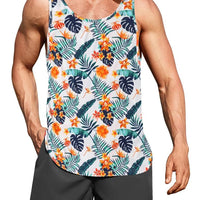 Mandotos International Hawaiian palm print men's tank top, perfect for summer beach trips and casual wear.