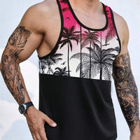 Mandotos International Hawaiian palm print men's tank top, perfect for summer beach trips and casual warm weather wear.