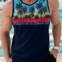 Hawaiian style palm print men's tank top by MANDOTOS INTERNATIONAL, perfect for summer beach trips, featuring vibrant tropical design.
