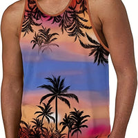Hawaiian style palm print men's tank top by MANDOTOS INTERNATIONAL, perfect for summer beach trips and casual wear.