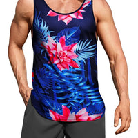 Mandotos International Hawaiian style palm print men's tank top, perfect for summer beach trips, featuring vibrant tropical design.