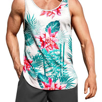 Hawaiian style palm print men's tank top by MANDOTOS INTERNATIONAL, perfect for summer beach trips and casual outdoor wear.