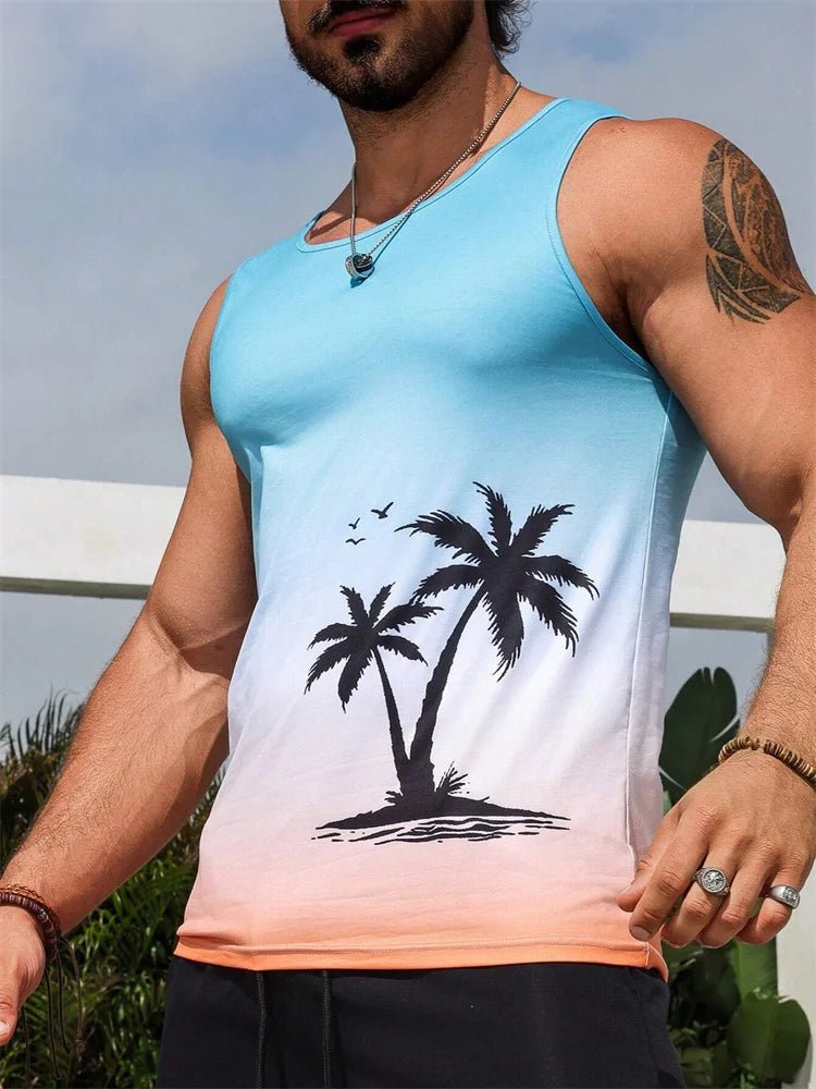 Mandotos International Hawaiian style palm print men's tank top, perfect for summer beach trips and casual warm-weather wear.
