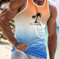 Mandotos International Hawaiian style palm print men's tank top for summer beach trips, featuring vibrant tropical design.