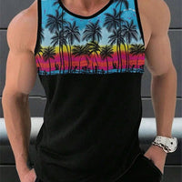 Mandotos International Hawaiian-style palm print men's tank top, perfect for summer beach trips, featuring vibrant tropical design.