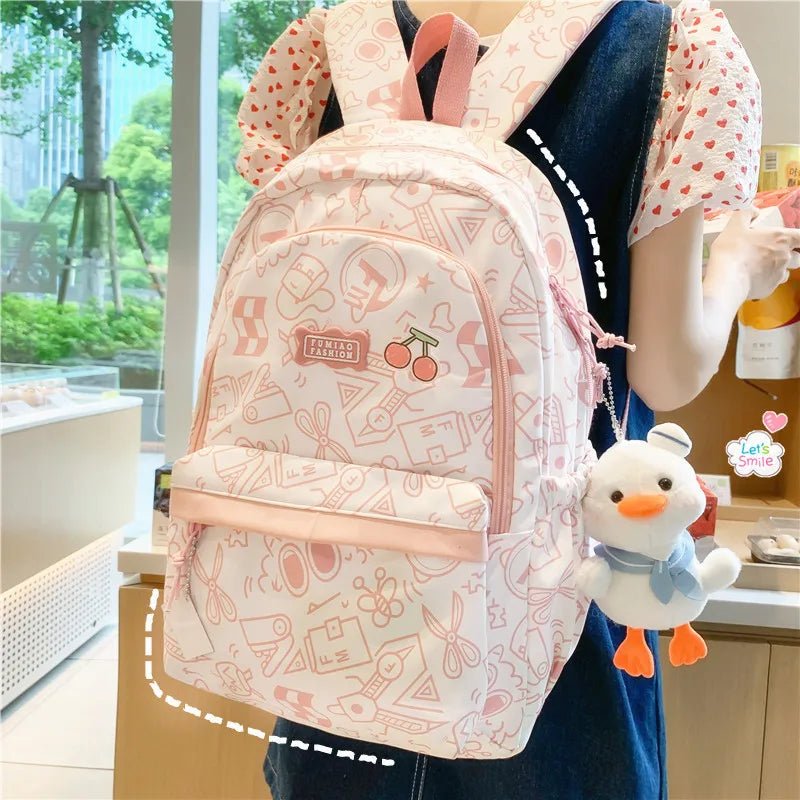 High capacity plaid backpack for students with cute print from MANDOTOS INTERNATIONAL, featuring multiple compartments and adjustable straps.